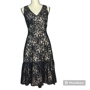 Eliza J black lace ruffle hem v neck dress 8